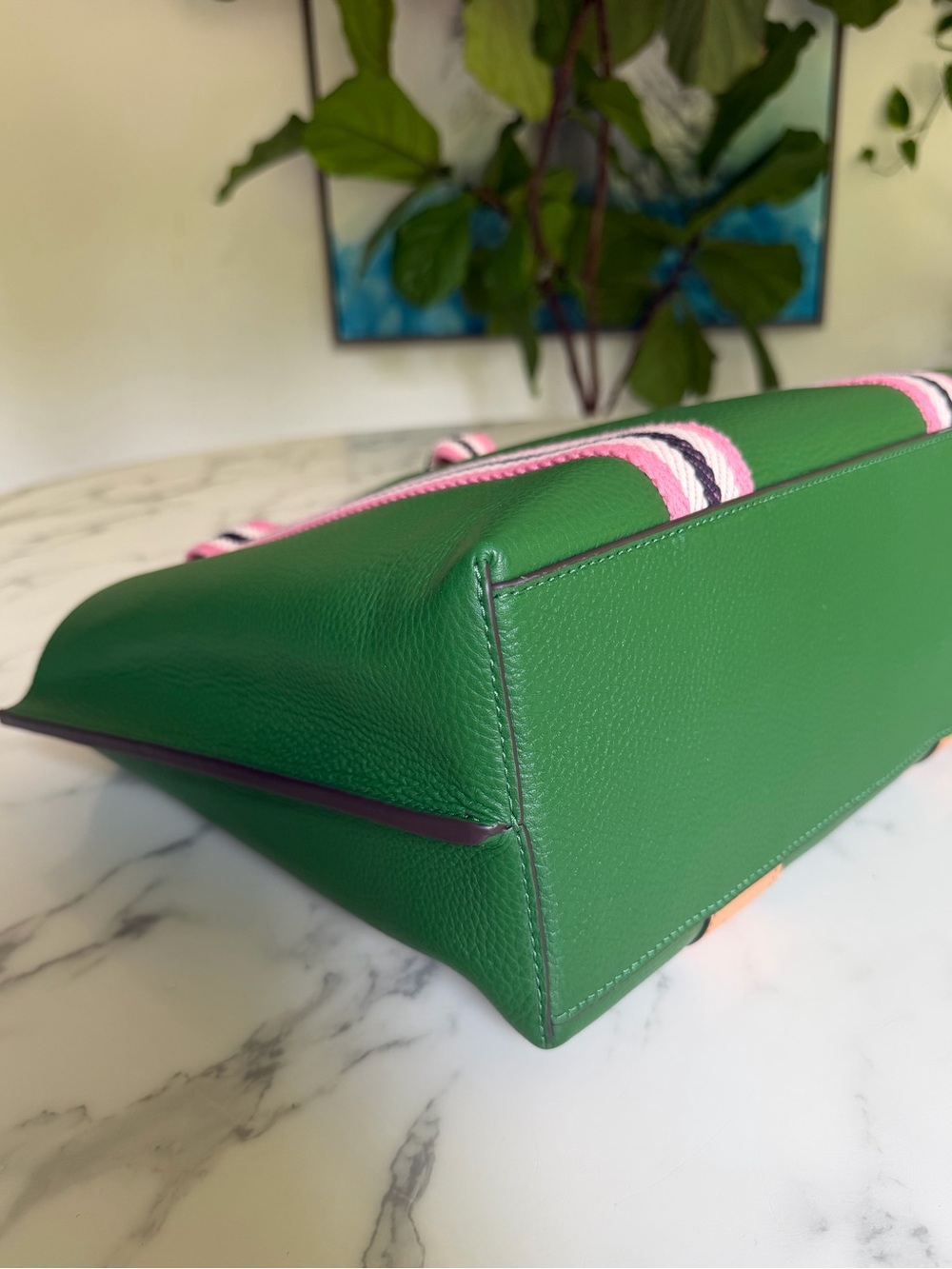 NWT Tory Burch Perry Multi Stripe Leather Triple Compartment Tote Arugula Green - Picture 8 of 16